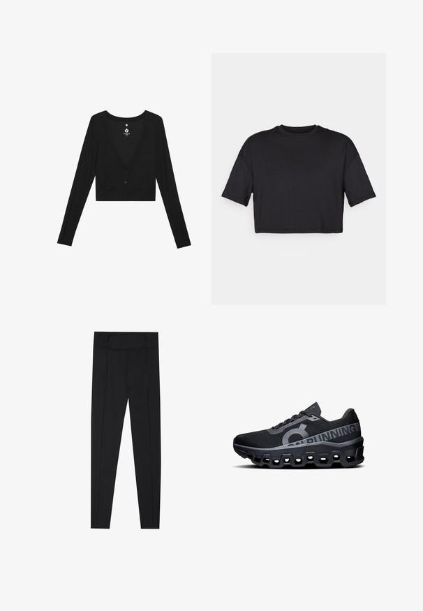 Black cropped cardigan with long sleeves, deep V-neck, and button closure. Made of ribbed fabric, featuring a smooth texture and fitted design.; Black cropped t-shirt made of soft fabric, featuring a round neckline and short, wide sleeves, with a simple, seamless design.; Black leggings featuring a smooth texture, high waistband, and stitching details along the sides. Slim-fit design, suitable for various activities.; Black running shoes with a textured mesh upper, featuring a prominent logo and reflective accents. Thick foam sole with hexagonal cutouts.