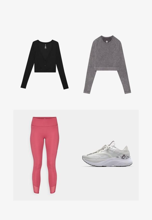 Juodas trumpas kardiganas su ilgomis rankovėmis, gilu V-kaklu ir mygtukų uždarymu. Pagamintas iš briaunoto audinio, pasižymintis lygiu paviršiumi ir prigludusia forma.; Pilkas, raibotas, ilgomis rankovėmis trumpas viršus su raglan rankovėmis. Fizinės apvalios iškirptės sritis ir hemline, kuris yra virš juosmens.; Puma leggingai vidutinio rožinės spalvos, pagaminti iš lygaus, elastingo audinio su aukšta juosmens linija ir tinkliniais akcentais šalia kulkšnų.; Balta sportinė avalynė su tekstūruotu paviršiumi, suapvalintu nosimi ir paminkštintu padu. Pristatomi raštuoti akcentai šalia kulno ir plokščios raištelės.
