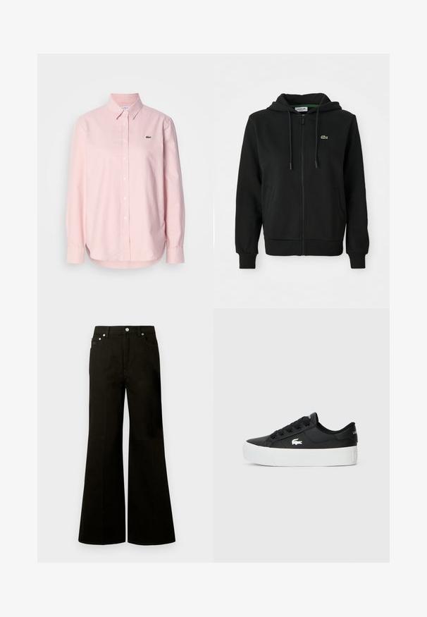 Must mustaga vendatav kapuutsiga ja pehme kangaga. Omab reguleeritavat kapuutsi, soonikuga varrukaotsi, küljetaskuid ja väikest rohelist logo rinnal.; Heledad roosa pikakäistega nööpidega särk, mis on valmistatud puuvillast. Särgil on klassikaline krae ja rinnal väike roheline logo. Tootmises on pööratud tähelepanu istuvusele.; Mustad kõrge vöökohaga laiade säärtega teksad eessete nuppude ja tõmblukuga, vööaasad ning viis taskut, sealhulgas väike münditasku.; Mustad musta värvi madal sneaker sünteetilisest materjalist, valge kummist tallaga, mustade paeltega ja külje peal väikese valge logoga.