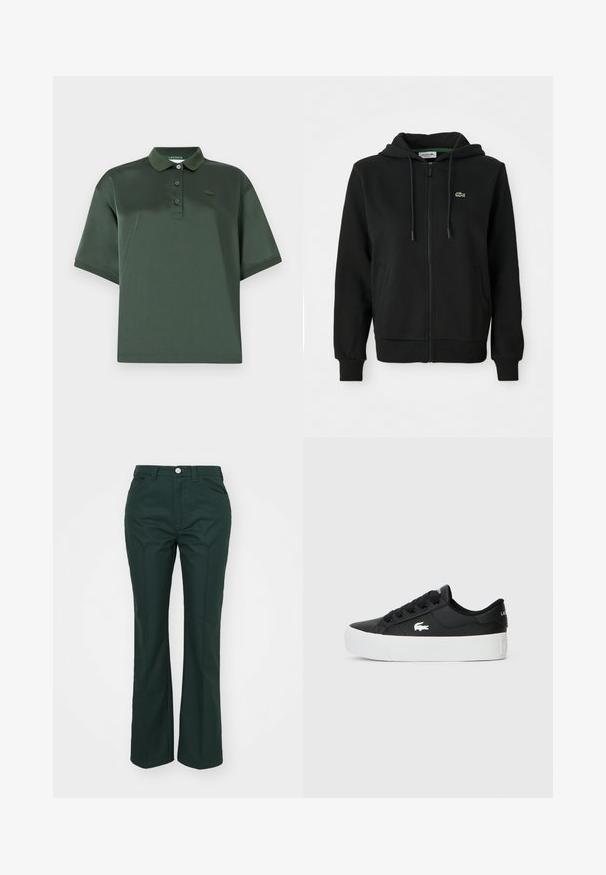 Svart zip-up hettegenser laget av myk stoff. Har snor i hetta, ribbestrikkede mansjetter, sidelommer og en liten grønn logo på brystet.; Mørkegrønn polo shirt laget av glatt stoff, med krage, tre knapper, korte ermer og en diskret logo på brystet.; Grønne, utsvingte bukser laget av et glatt, strukturert stoff. Har knappelukking foran, beltehemper og to sidelommer.; Sorte lavtopp sneakers laget av syntetisk materiale, med hvit gummisåle, svarte snørebånd og en liten hvit logo på siden.