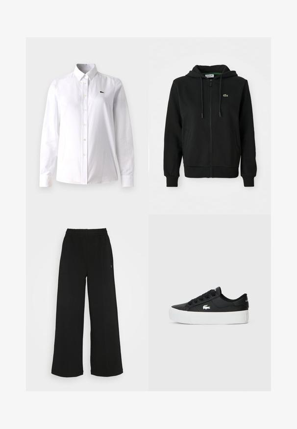 Must mustaga vendatav kapuutsiga ja pehme kangaga. Omab reguleeritavat kapuutsi, soonikuga varrukaotsi, küljetaskuid ja väikest rohelist logo rinnal.; Valge puuvillane särk, millel on klassikaline krae, pikad varrukad ja väike roheline logo vasakul rinnal.; Mustad laiad püksid elastse vöökohtaga. Valmistatud pehmest ja kergest materjalist. Ees on vertikaalsed õmblused.; Mustad musta värvi madal sneaker sünteetilisest materjalist, valge kummist tallaga, mustade paeltega ja külje peal väikese valge logoga.