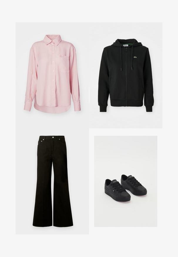 Juoda zip-up džemperis pagamintas iš minkštos medžiagos. Yra su šnervomis antkapšiu, gumuotais rankogaliais, šoninėmis kišenėmis ir maža žalia logotipu ant krūtinės.; Šviesiai rožinė ilgos rankovės marškiniai su apykakle, vienu krūtinės kišeniu ir siuvinėtu logotipu. Pagaminti iš lygaus medvilninio audinio.; Juodos spalvos džinsai plačiomis kojų apačiomis, aukštu liemeniu, su priekiniais mygtukais ir užtrauktuku, diržo kilpomis bei penkiomis kišenėmis, įskaitant mažą monetų kišenėlę.; Juodos žemos sportbačių iš lygios medžiagos, su storomis raištelėmis, tekstūruotu padu ir mažu logotipu ant šono bei liežuvio.