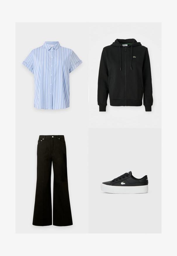 Svart zip-up hettegenser laget av myk stoff. Har snor i hetta, ribbestrikkede mansjetter, sidelommer og en liten grønn logo på brystet.; Lyseblå kortermet skjorte med knapper og vertikale hvite striper, kragehals og rullede ermer. Jevn stoffkvalitet.; Svarte jeans med høyt liv og vide ben, foran med knapper og glidelås, beltehemper og fem lommer, inkludert en liten myntlomme.; Sorte lavtopp sneakers laget av syntetisk materiale, med hvit gummisåle, svarte snørebånd og en liten hvit logo på siden.