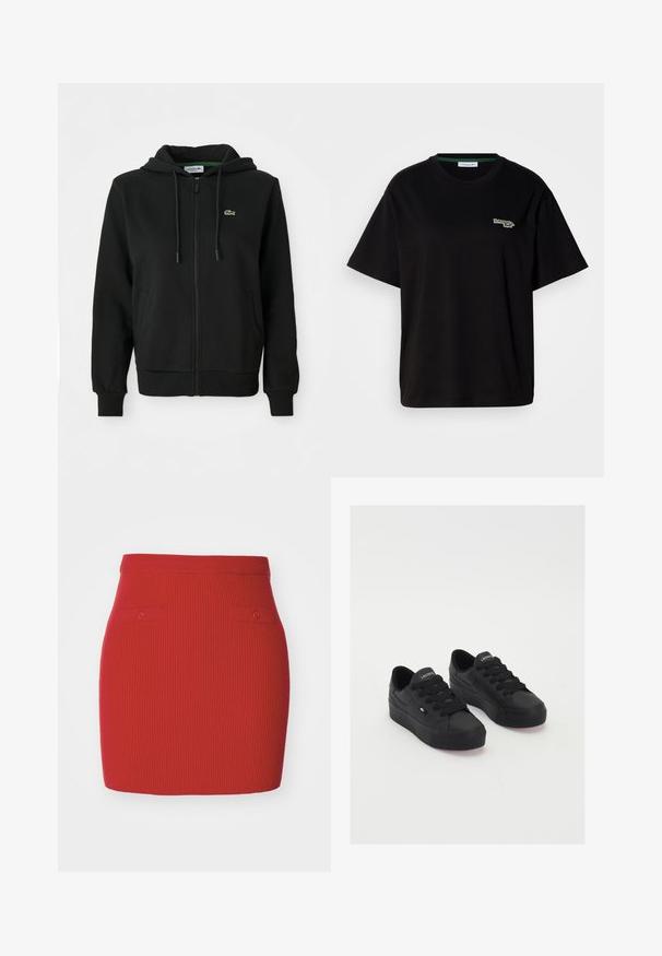 Hoodie zippé noir en tissu doux. Il dispose d'une capuche avec cordon de serrage, de poignets côtelés, de poches latérales et d'un petit logo vert sur la poitrine.; T-shirt en coton noir à manches courtes, avec un petit accent logo vert sur la poitrine gauche. Encolure ronde classique, coupe décontractée.; Jupe en tricot côtelé rouge au design ajusté, dotée de deux petites poches boutonnées à l'avant et d'une taille lisse.; Baskets basses noires en matériau lisse, avec des lacets épais, une semelle texturée et un petit logo sur le côté et la languette.