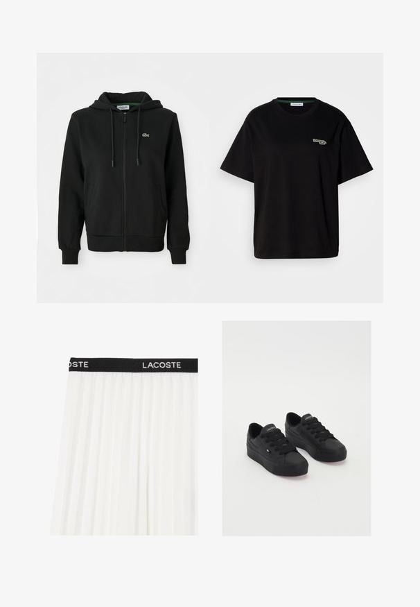 Svart zip-up hoodie i mjukt material. Har en justerbar huva, ribbade ärmar, sidofickor och en liten grön logotyp på bröstet.; Svart bomullströja med kort ärm, med en liten grön logotypaccent på vänster bröst. Klassisk rund halsringning, avslappnad passform.; Vit plisserad kjol med svart midjeband som har "LACOSTE" broderat i vitt. Lättvikts, flödande tyg med en mjuk textur.; Svart lågtopp sneakers av slätt material, med tjocka snören, en mönstrad sula och en liten logotyp på sidan och tungan.