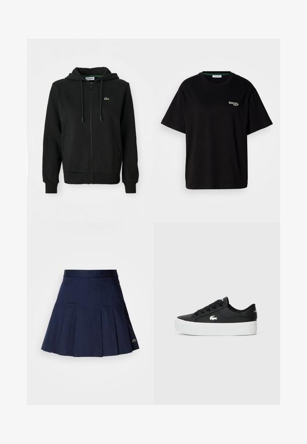 Svart zip-up hoodie i mjukt material. Har en justerbar huva, ribbade ärmar, sidofickor och en liten grön logotyp på bröstet.; Svart bomullströja med kort ärm, med en liten grön logotypaccent på vänster bröst. Klassisk rund halsringning, avslappnad passform.; Marinblå plisserad kjol med en tajt midja, tillverkad av ett slätt tyg. Har en liten Lacoste-logga vid fållen.; Svart lågtopp sneaker gjord av syntetiskt material, med en vit gummisula, svarta snörningar och en liten vit logotyp på sidan.
