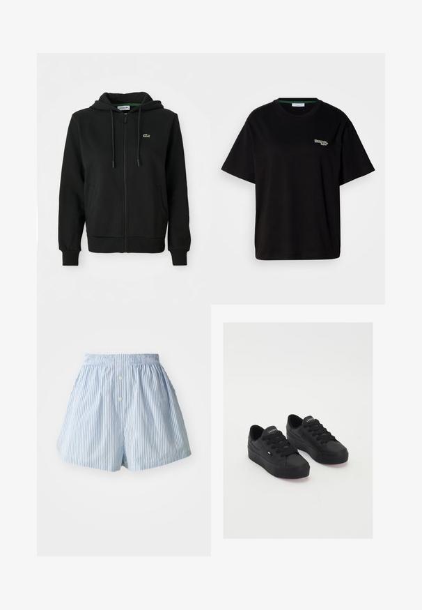 Černá mikina s dlouhým zipem vyrobená z měkké látky. Obsahuje kapuci se šňůrkou, ribbené manžety, postranní kapsy a malé zelené logo na hrudi.; Černé bavlněné tričko s krátkými rukávy, s malým zeleným logem na levé straně hrudi. Klasický kulatý výstřih, volný střih.; Modré a bílé pruhované šortky vyrobené z lehkého materiálu, s elastickým pasem a dvěma předními knoflíky.; Černé nízké tenisky vyrobené z hladkého materiálu, s tlustými tkaničkami, texturovanou podrážkou a malým logem po straně a na jazyku.
