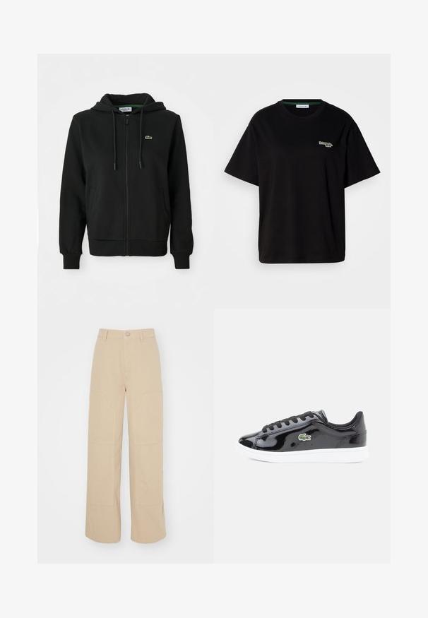 Hanorac negru cu fermoar, realizat dintr-un material moale. Dispune de un glugă cu șnur, manșete ribbate, buzunare laterale și un mic logo verde pe piept.; Tricou negru din bumbac cu mâneci scurte, având un mic accent de logo verde pe partea stângă a pieptului. Gât clasic de tip crew, croială lejeră.; Pantaloni larga bej, din bumbac. Dispun de două buzunare frontale mari și o închidere cu buton metalic la talie. Textură netedă.; Tenis cu brâu din piele laică neagră cu talpă albă, având șireturi negre și un logo de crocodil brodat verde pe lateral.