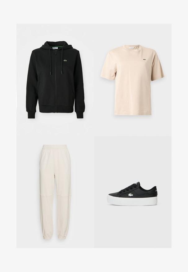 Sweatshirt preto com fecho éclair, feito de tecido macio. Apresenta capuz com cordão, punhos canelados, bolsos laterais e um pequeno logotipo verde no peito.; T-shirt bege de algodão com decote redondo, mangas curtas e um pequeno logotipo de crocodilo verde bordado no peito esquerdo.; Gestuz BIRTA CUTLINE PANTS - Calças de fato de treino - moonbeam; Sapatilha preta de cano baixo feita de material sintético, com sola de borracha branca, atacadores pretos e um pequeno logótipo branco na lateral.