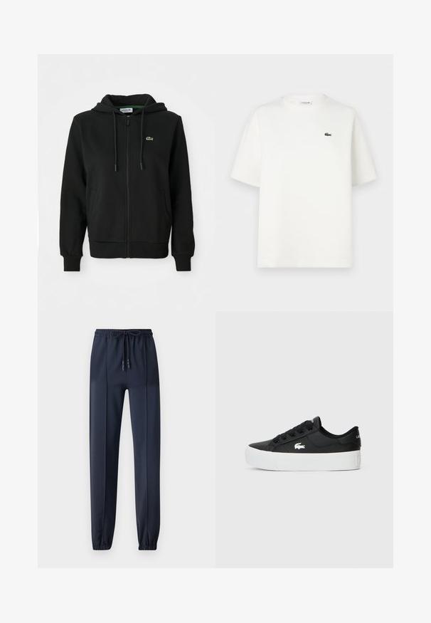Sudadera con cremallera negra hecha de tela suave. Cuenta con capucha ajustable, puños acanalados, bolsillos laterales y un pequeño logo verde en el pecho.; Camiseta blanca de algodón con mangas cortas, cuello redondo y un pequeño logo verde de Lacoste en el lado izquierdo del pecho. Presenta un corte relajado y una textura suave.; Pantalones jogger azul marino hechos de un material suave y ligero; cuenta con una cintura elástica con cordón y tobillos ajustados.; Zapatilla baja negra hecha de material sintético, con una suela de goma blanca, cordones negros y un pequeño logo blanco en el costado.