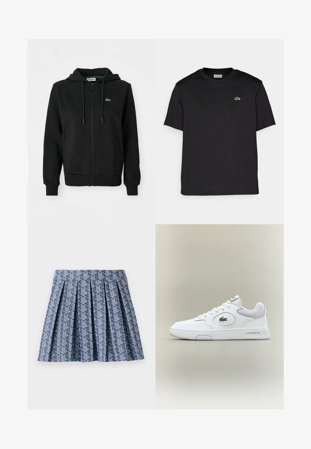 Fekete cipzáras kapucnis pulóver puha szövetből. Zsinóros kapucnival, bordás mandzsettákkal, oldalsó zsebekkel és egy kicsi zöld logóval a mellkason.; Fekete pamut póló kerek nyakkal, rövid ujjal és egy apró zöld hímzett logóval a bal mellrészen. Egyszerű dizájn.; Kék, pliszírozott szoknya geometrikus fehér mintával. Texturált anyagból készült, fitted derékkal és réteges kialakítással.; Fehér bőr sneaker hálós részletekkel, kerek orral és lapos fűzőkkel. Zöld krokodil logóval és "LACOSTE" felirattal a saroknál.