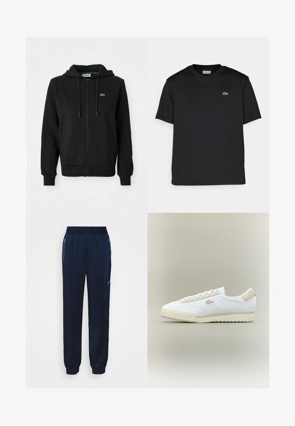 Svart zip-up hoodie i mjukt material. Har en justerbar huva, ribbade ärmar, sidofickor och en liten grön logotyp på bröstet.; Svart bomullströja med rund halsringning, korta ärmar och en liten grön broderad logotyp på vänster bröst. Enkelt design.; Marina blå joggers med en smockad midja, tapered ben och dragkedjor i sidorna. Tillverkade av ett slätt tyg med en subtil lyster.; Vita lädersneakers med en beige mockadetalj. Har en rund tå, platta snören och en strukturerad sula. Lacoste-logga på sidan.