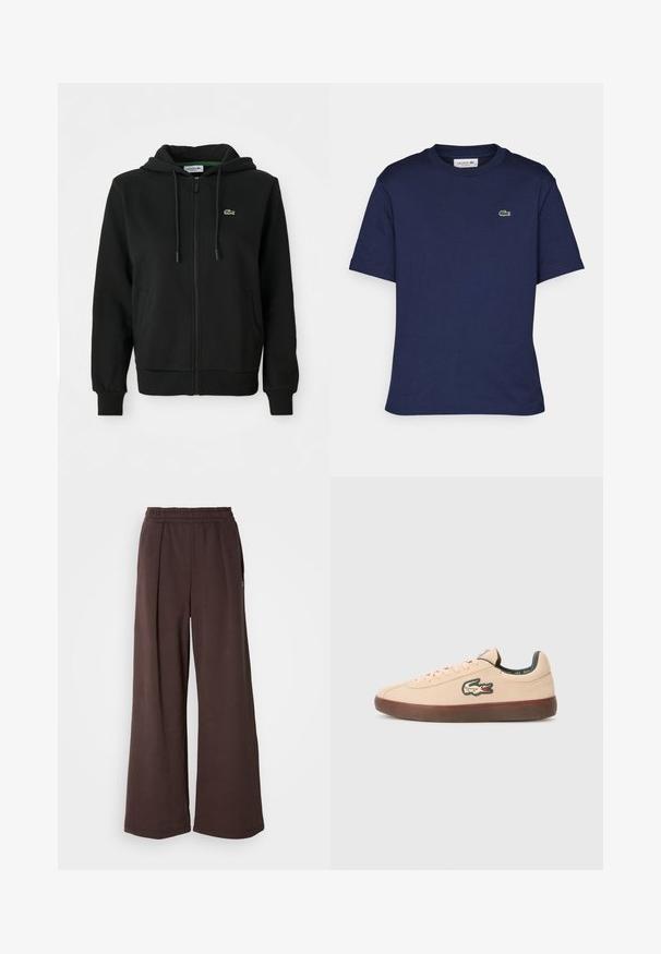 Crna zip-up dukserica od mekog materijala. Ima kapuljaču sa vezicom, rebrovane manžete, bočne džepove i mali zeleni logo na grudima.; Majica kratkih rukava tamnoplave boje napravljena od pamuka, s okruglim izrezom i malim zelenim Lacoste logotipom na lijevoj strani prsnog koša.; Smeđi široki hlače s elastičnim pojasom i bočnim džepovima. Izrađene su od mekog materijala s glatkom teksturom i čistim, jednostavnim dizajnom.; Lacoste BASESHOT - Tenisice - beige