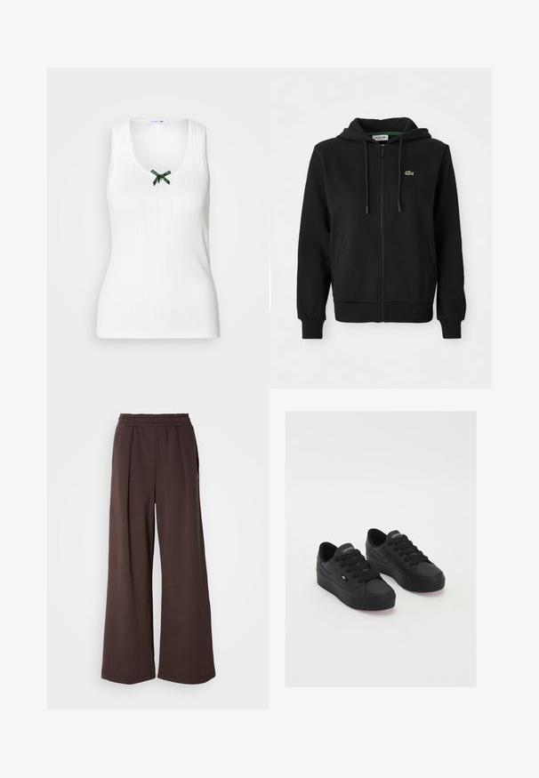Felpa nera con zip, realizzata in tessuto morbido. Presenta un cappuccio con cordino, polsini a coste, tasche laterali e un piccolo logo verde sul petto.; Canottiera bianca senza maniche con texture a costine, scollo a V e un accento a fiocco verde sul davanti. Presenta un logo sottile su tutta la superficie.; Pantaloni a gamba larga marroni con fascia elastica in vita e tasche laterali. Realizzati in un tessuto morbido con una texture liscia e un design pulito e semplice.; Sneakers basse nere realizzate in materiale morbido, con lacci spessi, una suola testurizzata e un piccolo logo sul lato e sulla linguetta.