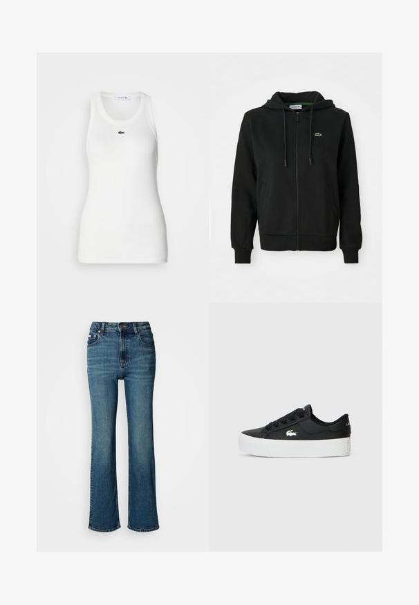 Sweatshirt preto com fecho éclair, feito de tecido macio. Apresenta capuz com cordão, punhos canelados, bolsos laterais e um pequeno logotipo verde no peito.; Top sem mangas branco com um decote redondo e textura canelada. Apresenta um pequeno logo de crocodilo verde da Lacoste no peito.; Jeans de cintura alta em denim azul, com um design de perna reta, desbotamento subtil e um fecho padrão com botão e zipper.; Sapatilha preta de cano baixo feita de material sintético, com sola de borracha branca, atacadores pretos e um pequeno logótipo branco na lateral.