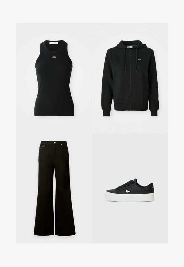 Černá mikina s dlouhým zipem vyrobená z měkké látky. Obsahuje kapuci se šňůrkou, ribbené manžety, postranní kapsy a malé zelené logo na hrudi.; Černý bezrukávový žebrovaný top s kulatým výstřihem a malým zeleným logem krokodýla Lacoste umístěným uprostřed pod výstřihem.; Černé džínové kalhoty s vysokým pasem a širokými nohavicemi, vpředu s knoflíkem a zipem, poutky na pásek a pěti kapsami včetně malé mincovní kapsičky.; Černé nízké tenisky vyrobené ze syntetického materiálu, s bílou gumovou podrážkou, černými tkaničkami a malým bílým logem na straně.
