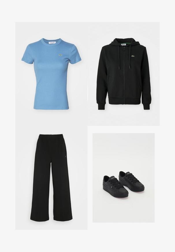 Črna zip-up kapuca iz mehkega blaga. Ima kapuco z vrvico, rebraste manšete, stranske žepe in majhen zelen logotip na prsih.; Svijetloplava rebrasta majica s kratkim rukavima i prilagođenim dizajnom. Ima mali zeleni Lacoste logo na prsima.; Črne široke hlače s elastičnim pasom. Narejene so iz mehkega, lahko materiala. Imajo vertikalne šive spredaj.; Črne nizke superge iz gladkega materiala, ki imajo debele vezalke, teksturiran podplat ter majhno logo na strani in jezičku.