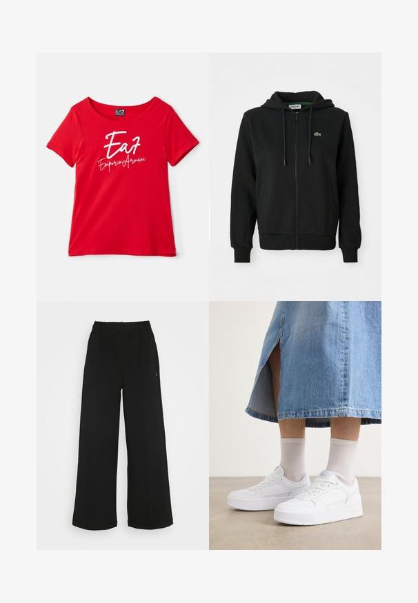 Melnas džemperis ar rāvējslēdzēju, izgatavots no mīkstas auduma. Tam ir regulējams kapucis, ribotas aproces, sānu kabatas un neliels zaļš logo uz krūtīm.; Sarkanais īsās piedurknes kokvilnas T-krekls ar apaļu kakla izgriezumu un baltu "EA7 Emporio Armani" logo, kas drukāts uz priekšpuses.; Melni platās bikses ar elastīgu jostu. Izgatavotas no mīksta, viegla materiāla. Iezīmē vertikālas šuves gar priekšpusi.; Baltas sniegpārsteidzis ar teksturētu ādu, ar platformas zoli, apaļu purngalu un auklu sistēmu; savienots ar gaiši pelēkiem ceļgalu augstiem zeķēm un džinsa svārkiem.