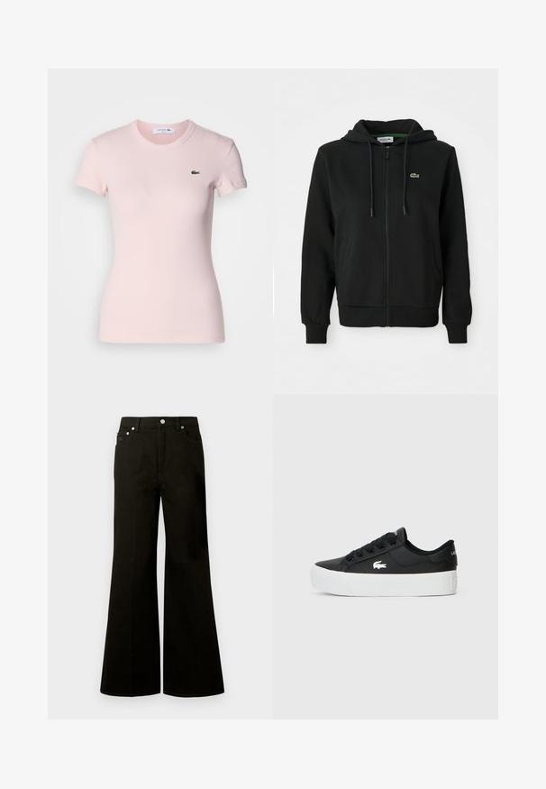 Fekete cipzáras kapucnis pulóver puha szövetből. Zsinóros kapucnival, bordás mandzsettákkal, oldalsó zsebekkel és egy kicsi zöld logóval a mellkason.; Világos rózsaszín, bordázott, rövid ujjú póló, kerek nyakkivágással és egy kis zöld Lacoste logóval a bal mellen. Sima tapintású.; Fekete, magas derekú, széles szárú farmernadrág elöl gombbal és cipzárral, övbújtatókkal és öt zsebbel, köztük egy kis érmepénztárcával.; Fekete alacsony szárú sneaker szintetikus anyagból, fehér gumitalppal, fekete fűzőkkel és egy kis fehér logóval az oldalán.