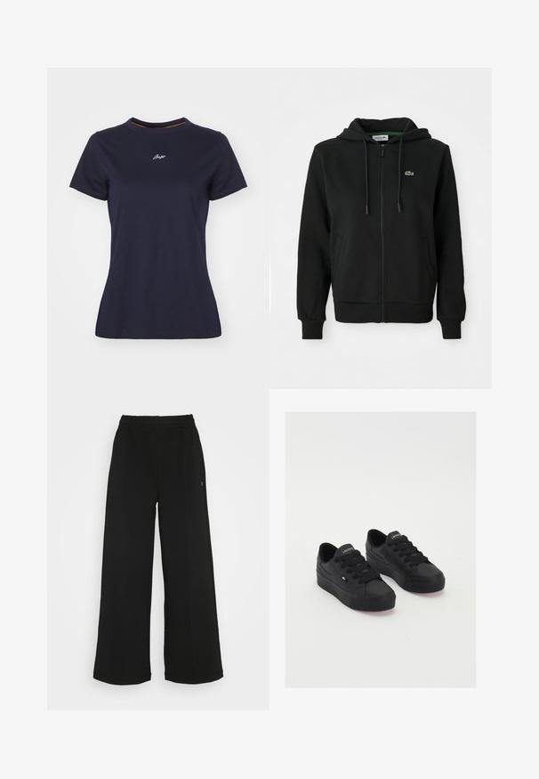 Svart zip-up hoodie i mjukt material. Har en justerbar huva, ribbade ärmar, sidofickor och en liten grön logotyp på bröstet.; Mörkblå bomullströja med rund hals, korta ärmar och en liten vit broderad logotyp på bröstet. Slät textur.; Svarta vida byxor med elastisk midja. Tillverkade av ett mjukt, lätt material. Har vertikala sömmar fram.; Svart lågtopp sneakers av slätt material, med tjocka snören, en mönstrad sula och en liten logotyp på sidan och tungan.