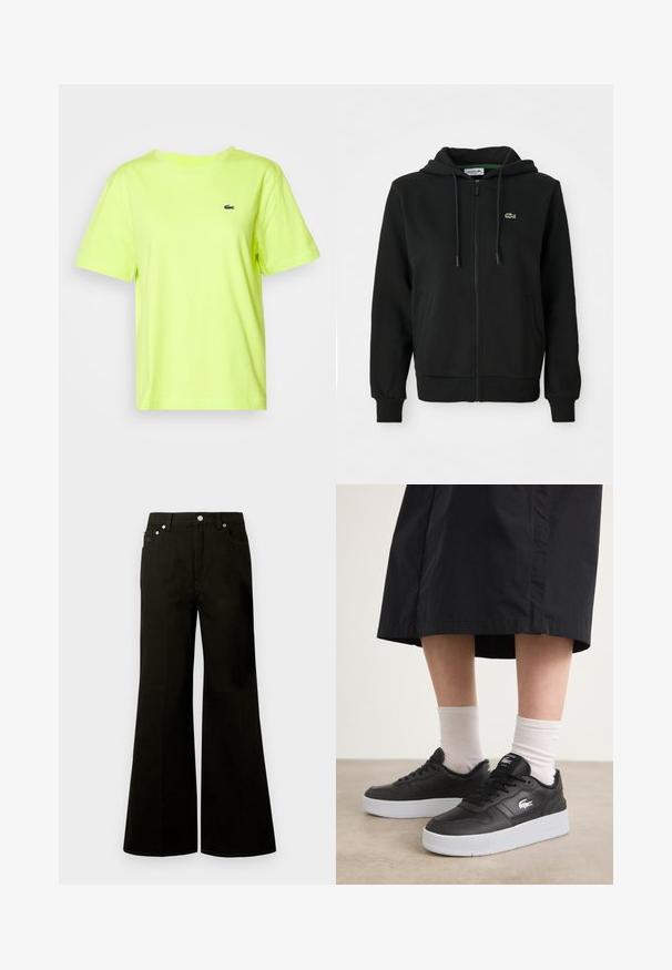 Črna zip-up kapuca iz mehkega blaga. Ima kapuco z vrvico, rebraste manšete, stranske žepe in majhen zelen logotip na prsih.; Lacoste Navadna majica - firefly; Črne široke kavbojke z visokim pasom, sprednjim gumbom in zadrgo, z zankami za pas in petimi žepi, vključno z majhnim žepkom za kovance.; Črne usnjene superge z belo gumijasto podplatom, z logotipom na strani, okroglo konico in črnimi vezalkami. Uporabljene z belimi nogavicami.