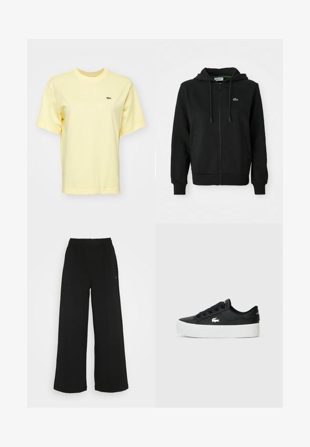 Melnas džemperis ar rāvējslēdzēju, izgatavots no mīkstas auduma. Tam ir regulējams kapucis, ribotas aproces, sānu kabatas un neliels zaļš logo uz krūtīm.; Gaiši dzeltena kokvilnas T-krekls ar īsām piedurknēm. Uz kreisā krūšu kabatas ir neliels zaļš krokodila logo. Klasiska apaļā kakla dizains.; Melni platās bikses ar elastīgu jostu. Izgatavotas no mīksta, viegla materiāla. Iezīmē vertikālas šuves gar priekšpusi.; Melnas zemas sporta kurpes, kas izgatavotas no sintētiska materiāla, ar baltu gumijas zoli, melnu auklu un mazu balto logotipu sānu daļā.