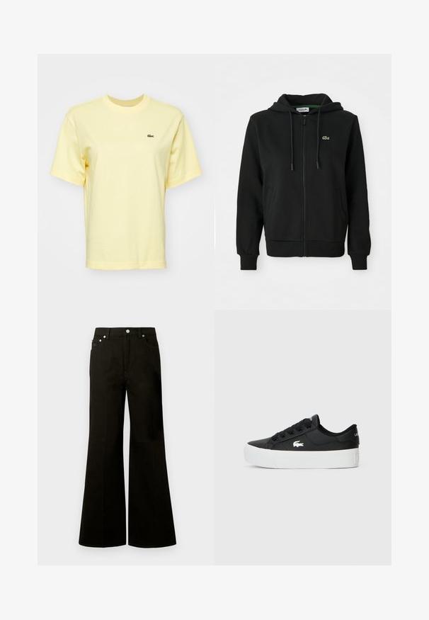 Svart zip-up hettegenser laget av myk stoff. Har snor i hetta, ribbestrikkede mansjetter, sidelommer og en liten grønn logo på brystet.; Lys gul bomull t-skjorte med korte ermer. Har en liten grønn krokodillelogo på venstre bryst. Klassisk rund halsdesign.; Svarte jeans med høyt liv og vide ben, foran med knapper og glidelås, beltehemper og fem lommer, inkludert en liten myntlomme.; Sorte lavtopp sneakers laget av syntetisk materiale, med hvit gummisåle, svarte snørebånd og en liten hvit logo på siden.