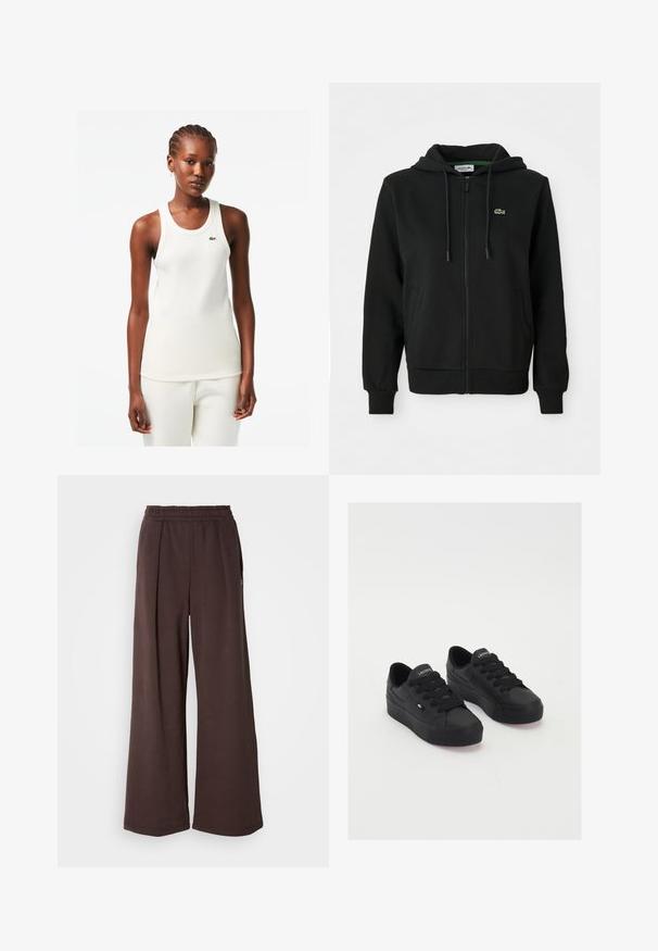Črna zip-up kapuca iz mehkega blaga. Ima kapuco z vrvico, rebraste manšete, stranske žepe in majhen zelen logotip na prsih.; Bela rebrasta majica na naramnico s okruglim izrezom i zelenim Lacoste logotipom na prsima, uparena s odgovarajućim bijelim hlačama.; Rjave široke hlače z elastičnim pasom in stranskimi žepi. Izdelane iz mehke tkanine z gladko teksturo in preprostim, čistim dizajnom.; Črne nizke superge iz gladkega materiala, ki imajo debele vezalke, teksturiran podplat ter majhno logo na strani in jezičku.