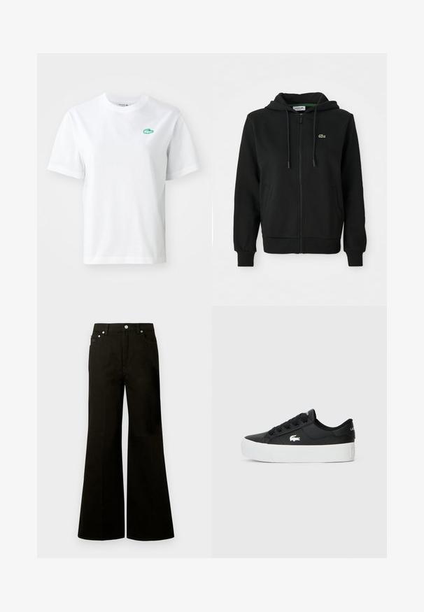 Čierna mikina na zips vyrobená z mäkkej tkaniny. Má kapucňu so šnúrkou, ribbované manžety, bočné vrecká a malé zelené logo na hrudi.; Biele bavlnené tričko s krátkymi rukávmi, okrúhlym výstrihom a malým zeleným vyšívaným logom krokodíla na ľavej hrudi.; Čierne rifle s vysokým pásom a širokými nohavicami, s predným zapínaním na gombíky a zips, pútkami na opasok a piatimi vreckami vrátane malého vrecka na mince.; Čierne nízke tenisky vyrobené z syntetického materiálu, s bielou gumovou podrážkou, čiernymi šnúrovačkami a malým bielym logom na boku.