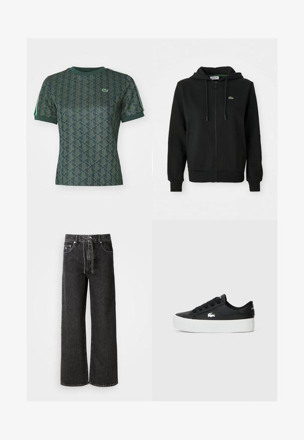 Černá mikina s dlouhým zipem vyrobená z měkké látky. Obsahuje kapuci se šňůrkou, ribbené manžety, postranní kapsy a malé zelené logo na hrudi.; Zelené tričko s krátkým rukávem s geometrickým vzorem v světlejší zelené, kulatým výstřihem a malým logem na hrudi. Texturovaná látka.; Černé široké džínové kalhoty vyrobené z denimu. Mají vysoký pas, pásky na opasek, přední kapsy a stříbrné detaily.; Černé nízké tenisky vyrobené ze syntetického materiálu, s bílou gumovou podrážkou, černými tkaničkami a malým bílým logem na straně.