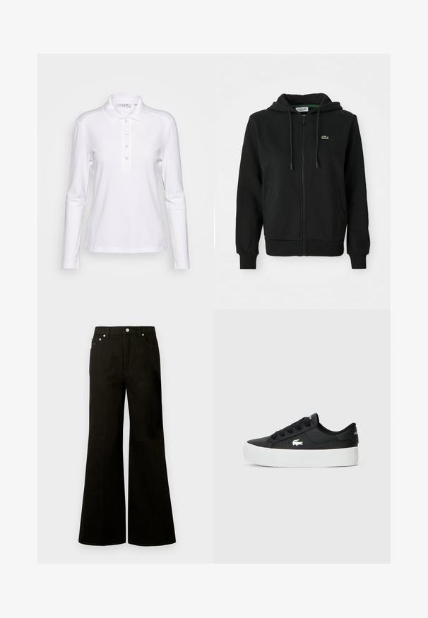 Zwarte rits-hoodie gemaakt van zacht materiaal. Voorzien van een trekkoord kap, ribgebreide manchetten, zijzakken en een klein groen logo op de borst.; Witte longsleeve poloshirt van een katoenmix, met een knoopsluiting en een klein geborduurd logo op de borst. Glad van textuur.; Zwarte high-waist wijde jeans met knopen en ritssluiting aan de voorkant, riemlussen en vijf zakken, waaronder een klein muntzakje.; Zwarte lage sneaker gemaakt van synthetisch materiaal, met een witte rubberen zool, zwarte veters en een klein wit logo aan de zijkant.