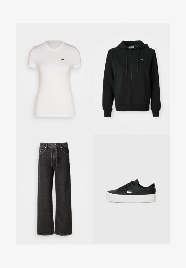 Svart zip-up hettegenser laget av myk stoff. Har snor i hetta, ribbestrikkede mansjetter, sidelommer og en liten grønn logo på brystet.; Lacoste T-shirts - blanc; Sorte vidde jeans laget av denim. Har høy midje, beltehemper, frontlommer og detaljer i sølvmetall.; Sorte lavtopp sneakers laget av syntetisk materiale, med hvit gummisåle, svarte snørebånd og en liten hvit logo på siden.