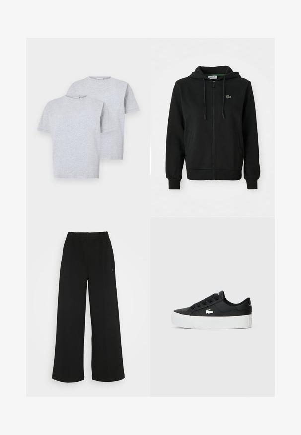 Felpa nera con zip, realizzata in tessuto morbido. Presenta un cappuccio con cordino, polsini a coste, tasche laterali e un piccolo logo verde sul petto.; Due magliette a maniche corte di colore grigio chiaro, realizzate in tessuto morbido, con scollo rotondo e vestibilità comoda. Ogni maglietta presenta dettagli minimi.; Pantaloni neri a gamba larga con vita elasticizzata. Realizzati in un materiale morbido e leggero. Presentano cuciture verticali sul davanti.; Sneaker nera a basse top realizzata in materiale sintetico, con suola in gomma bianca, lacci neri e un piccolo logo bianco di lato.