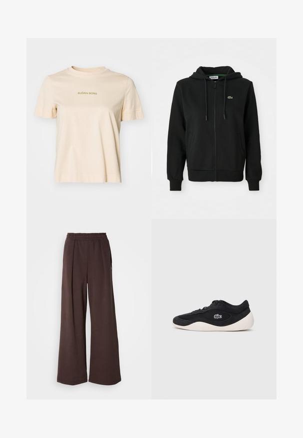 Črna zip-up kapuca iz mehkega blaga. Ima kapuco z vrvico, rebraste manšete, stranske žepe in majhen zelen logotip na prsih.; Bežna bombažna majica s kratkimi rokavi, okroglim vratom in zelenim besedilom "BJÖRN BORG" natisnjenim spredaj. Rahlo ohlajen kroj.; Rjave široke hlače z elastičnim pasom in stranskimi žepi. Izdelane iz mehke tkanine z gladko teksturo in preprostim, čistim dizajnom.; Črne športne copate s zgornjim delom iz semiša in mrežastega materiala, ki se ponašajo z opaznim logotipom Lacoste in belim gumijastim podplatom, zasnovane v nizkem profilu.