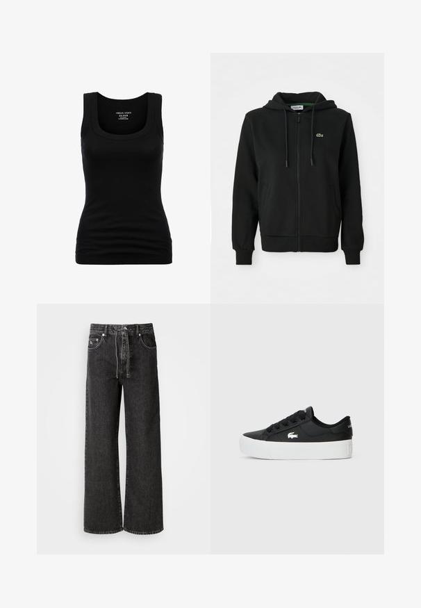 Schwarzer Reißverschluss-Hoodie aus weichem Stoff. Mit einer Kapuze mit Kordelzug, gerippten Bündchen, Seitentaschen und einem kleinen grünen Logo auf der Brust.; Schwarzes Tanktop mit rundem Halsausschnitt und breiten Trägern, aus dehnbarem Baumwollmaterial, mit taillierter Silhouette und glatter Textur.; Schwarze weit geschnittene Jeans aus Denim. Mit hoher Taille, Gürtelschlaufen, Vorderaschen und silbernen Hardwaredetails.; Schwarzer Low-Top-Sneaker aus synthetischem Material mit einer weißen Gummisohle, schwarzen Schnürsenkeln und einem kleinen weißen Logo an der Seite.