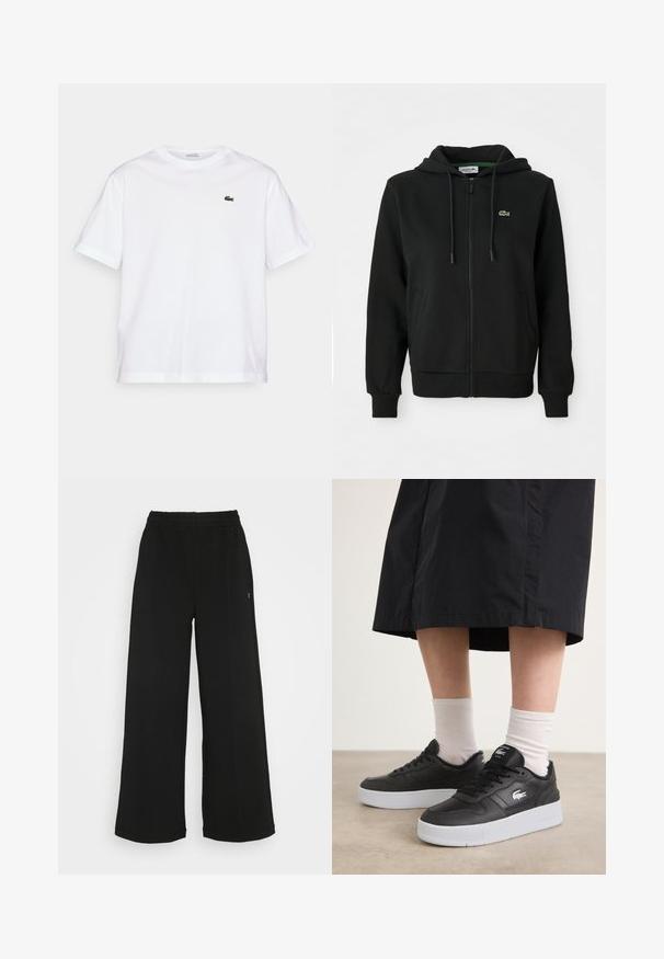 Sort zip-up hoodie lavet af blødt stof. Har en hætte med snoretræk, ribbede manchetter, sidelommer og et lille grønt logo på brystet.; Hvid bomulds T-shirt med rund halsudskæring og korte ærmer. Har et grønt broderet logo på brystet. Blød tekstur, afslappet pasform.; Sorte brede bukser med elastisk talje. Fremstillet af et blødt, let materiale. Har lodrette syninger foran.; Sorte lædersneakers med en hvid gummisål, der har et logo på siden, rund tå og sorte snørebånd. Båret med hvide sokker.