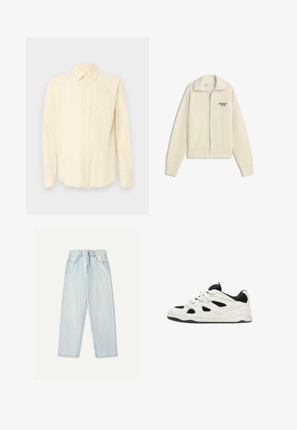 Krémový pletený sveter na zips s golierom a čiernym vyšitým textom na hrudi, ktorý znie "Profesionál, založený 2001."; Svetložltá košeľa na gombíky s vertikálnymi bielymi pruhmi, s golierom, dlhými rukávmi a jednou vreckom na hrudi. Štruktúrovaná tkanina.; Svetlo modré džínsy s uvoľneným strihom, rovnými nohavicami, piatimi vreckami a jemným vyblednutím látky.; Biele a čierne športové topánky s textúrovanou podrážkou, s vyrezávanými dizajnmi na stranách a šnúrkami, a s polstrovaným zadným dielom pre podporu.