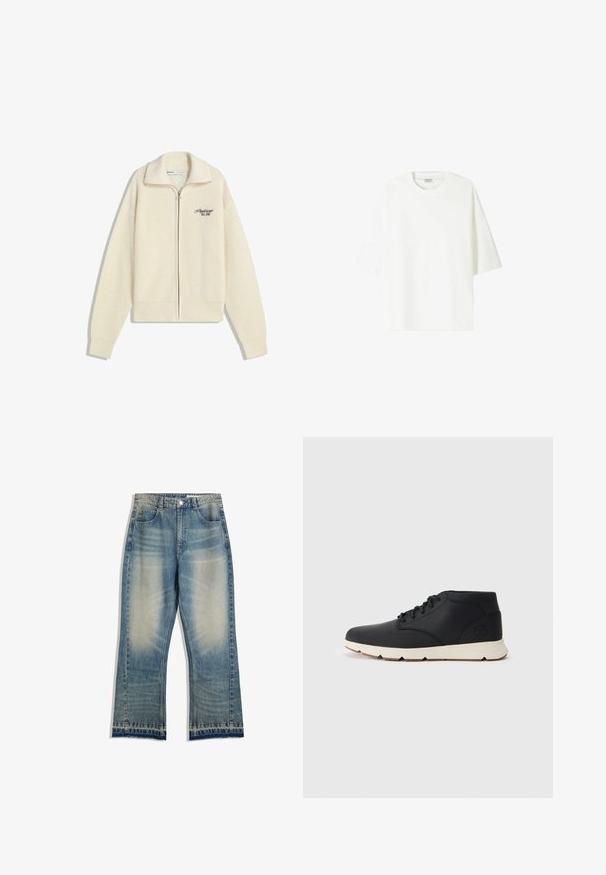 Pulover din tricot crem, cu fermoar, guler și text brodat negru pe piept, citind "Professional Est. 2001."; Tricou alb cu mânecă scurtă, fabricat din bumbac, cu guler tip crew și o croială lejeră, având o tivă dreaptă.; Jeansi din denim de culoare bleu deschis, cu un aspect ușor decolorat, tăietură dreaptă, cinci buzunare și detalii cu tiv brut. Fără accente vizibile de metal.; Botoși chukka din piele neagră, cu o talpă din cauciuc alb, având șireturi rotunde și un logo embosat pe călcâi. Textură netedă pe întreaga suprafață.