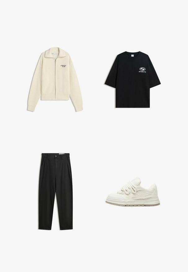 Pulover din tricot crem, cu fermoar, guler și text brodat negru pe piept, citind "Professional Est. 2001."; Tricou XXL din bumbac negru, cu guler rotund și mâneci scurte, având un logo alb "Shibuya" imprimat pe față.; Pantaloni negri din bumbac cu croială lejeră, având un brâu clasic, plii frontale și buzunare laterale. Textură netedă fără modele.; Tenis alb cu o suprafață texturată și șireturi proeminente. Dispune de o talpă groasă, stratificată și accente de design subtile pe părți.