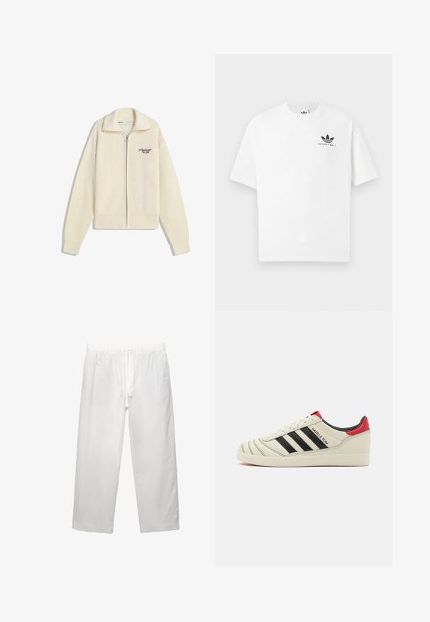 Krémový pletený svetr na zip s límcem a černým vyšitým textem na prsou s nápisem "Professional Est. 2001."; Bílá bavlněná tričko s krátkým rukávem, na přední straně s černým logem "BASKETBALL" a ikonickým designem tří pruhů.; Bílé lněné kalhoty s elastickým pasem a stahovací šňůrkou, širokým střihem a čistými švy. Hladká textura s volnějším střihem.; Krémové kožené tenisky s černými pruhy, červenými akcenty na patě a texturovanými detaily. Mají gumovou podrážku a šněrování.