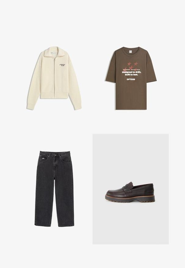 Kremasti pleteni dukserica s patentnim zatvaračem i ovratnikom, sa crnim vezom na prsima s natpisom "Profesionalac. Osnovano 2001."; Smeđi pamučni majica kratkih rukava s grafičkim tekstom i zvijezdama u kontrastnim bojama. Ravnog kroja s okruglim izrezom.; Crne traperice ravnog kroja s pet džepova i kopčanjem na gumb, s malim bijelim logotipom na prednjem desnom džepu.; Smeđe kožne mokasine s niskim profilom, koje sadrže šivene detalje, lagano povišeni gumeni potplat i glatku završnu obradu.