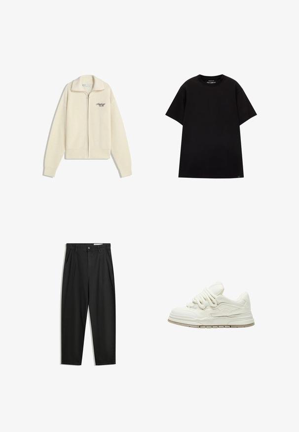 Kremasti pleteni dukserica s patentnim zatvaračem i ovratnikom, sa crnim vezom na prsima s natpisom "Profesionalac. Osnovano 2001."; PULL&BEAR JOIN LIFE - Osnovna majica kratkih rukava - black; Crne pamučne hlače s opuštenim krojem, s klasičnim pojasom, prednjim nabranjima i bočnim džepovima. Glatka tekstura bez uzoraka.; Bijela tenisica s teksturiranom površinom i izraženim vezicama. Ima debeli, slojeviti đon i suptilne dizajnerske akcentacije sa strane.