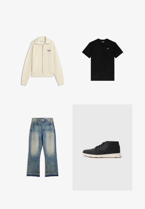 Krema pletena jopica z zipom in ovratnikom, s črnim vezenim napisom na prsih, ki se glasi "Poklicni. Ustanovljen 2001."; Črna bombažna majica s krožnim izrezom, kratkimi rokavi, ki ima majhen bel logotip na levem prsnem delu in brez dodatnih vzorcev ali dodatkov.; Svijetloplave traperice s blagim izbljeđenjem, ravnog kroja, sa pet džepova i sirovim rubovima. Nema vidljivih metalnih detalja.; Črne usnjene chukka čevlje z belo gumijasto podplato, z okroglimi vezalkami in stranskim logotipom, vtisnjenim na peti. Gladka tekstura skozi celotno površino.