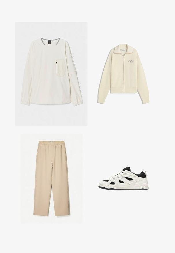 Maglione a zip in maglia cream con collo e testo ricamato in nero sul petto che recita "Professionista. Fondato nel 2001."; Camicia a maniche lunghe in tessuto bianco sporco con colletto e dettagli grigi. Presenta una tasca sul petto frontale con chiusura a zip. Texture morbida.; Pantaloni a gamba larga beige con vita elastica, realizzati in tessuto morbido, caratterizzati da una texture liscia e dettagli di cucitura minimi.; Scarpe da ginnastica bianche e nere con suola testurizzata, caratterizzate da intagli sui lati e lacci, e una schiena imbottita per il supporto.