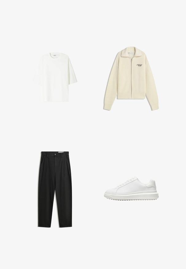 Krémový pletený svetr na zip s límcem a černým vyšitým textem na prsou s nápisem "Professional Est. 2001."; Bílá tričko s krátkým rukávem vyrobené z bavlny, se skládaným výstřihem a uvolněným střihem s rovním lemem.; Černé bavlněné kalhoty s uvolněným střihem, klasickým pasem, předními záhyby a bočními kapsami. Hladká textura bez vzorů.; Bílé tenisky s hladkým syntetickým svrškem, kulatou špičkou, plochými tkaničkami, texturovanou podrážkou a vrstveným designem platformy pro zvýšení výšky.