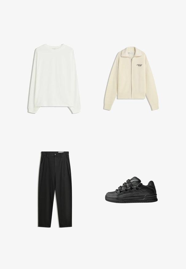 Crèmekleurige gebreide zip-up trui met een kraag en zwarte geborduurde tekst op de borst met de tekst "Professional Est. 2001."; Eenvoudig wit shirt met lange mouwen en een ronde hals, met geribde manchetten en een relaxte pasvorm, gepresenteerd op een witte achtergrond.; Zwarte katoenen broeken met een losse pasvorm, voorzien van een klassieke tailleband, voorplooien en zijzakken. Gladde structuur zonder patronen.; Zwarte sneakers met een glad leren bovenwerk, gearceerde accenten en ronde zwart-witte veters. Dikke rubberen zool met een geprofileerd loopvlak.