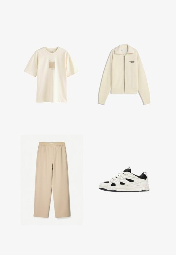 Krémový pletený svetr na zip s límcem a černým vyšitým textem na prsou s nápisem "Professional Est. 2001."; Krémové tričko vyrobené z měkké bavlny, s minimalistickým grafickým potiskem inspirovaným Picassovým stylem v mírně texturovaném provedení.; Beige kalhoty širokého střihu s elastickým pasem, vyrobené z měkké tkaniny, s hladkým povrchem a minimálním počtem švů.; Bílé a černé sportovní boty s texturovanou podrážkou, s výřezovými vzory na bocích a tkaničkami, a měkkým zadním dílem pro podporu.