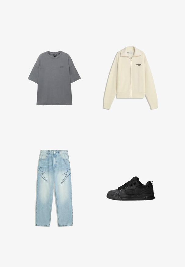 Maglione a zip in maglia cream con collo e testo ricamato in nero sul petto che recita "Professionista. Fondato nel 2001."; T-shirt grigio a maniche corte con scollo rotondo, realizzato in cotone, dotato di un logo ricamato sottile sul petto. Texture morbida.; Jeans in denim azzurro chiaro con taglio dritto, caratterizzati da grandi design a forma di stella in blu scuro sul davanti e un tradizionale stile a cinque tasche.; Sneakers neri con una tomaia testurizzata, dotati di lacci, accenti in mesh per la traspirabilità, colletto imbottito e suola robusta.