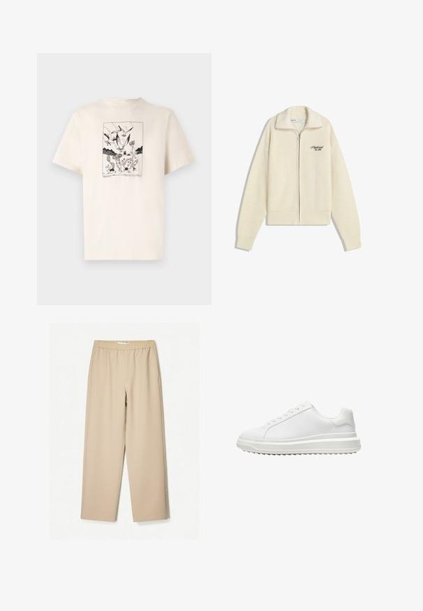 Kremowy sweter na zamek z kołnierzykiem i czarnym haftowanym napisem na piersi "Profesjonalista. Założony w 2001 roku."; Kremowa bawełniana koszulka z krótkim rękawem, z czarnym nadrukiem graficznym przedstawiającym ptaki i figury w obramowanym wzorze na przodzie.; Beżowe spodnie szerokie z elastycznym paskiem, wykonane z miękkiego materiału, o gładkiej fakturze i minimalnych detalach szwów.; Białe sneakersy z gładką syntetyczną cholewką, okrągłym noskiem, płaskimi sznurowadłami, teksturowana podeszwa oraz warstwowym, platformowym designem dla dodatkowej wysokości.