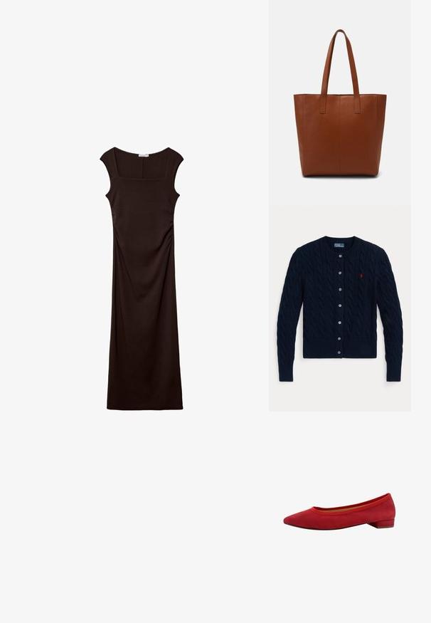 Cardigan lavorato a maglia blu navy con motivo a trecce, polsini e orlo a costine, sei bottoni e un piccolo logo rosso sul petto sinistro.; Stradivarius MIDI WITH SQUARE NECKLINE - Vestito di maglina - dark brown; Ballerine in suede rosso con punta affusolata, tacco basso a blocco e bordo elastico intorno all'apertura per una vestibilità aderente.; Borsa tote in pelle marrone con una superficie liscia, dettagli di cucitura verticale e due manici piatti. Design a apertura superiore, ampia interni.